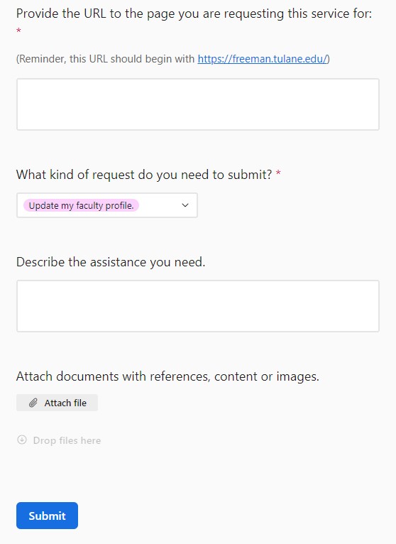 screenshot of the Web Request form fields for faculty profile updates